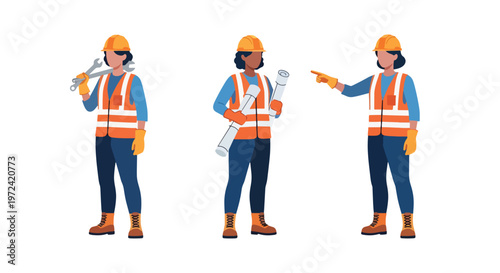 Collection set vector flat style of 3 female construction workers, engineering and building industry characters isolated on clean background