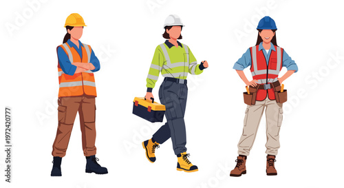 Collection set vector flat style of 3 female construction workers, engineering and building industry characters isolated on clean background