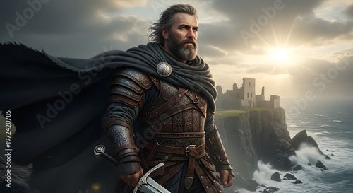Epic medieval warrior with a beard and sword standing on a cliff overlooking the sea with a castle in the background at sunset
