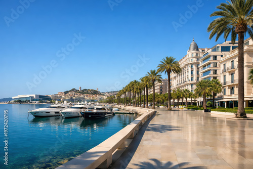 Cannes, France. Vibrant panoramic harbor scene in a Mediterranean coastal town featuring colorful hillside buildings, calm blue water, and moored boats along a lively waterfront promenade