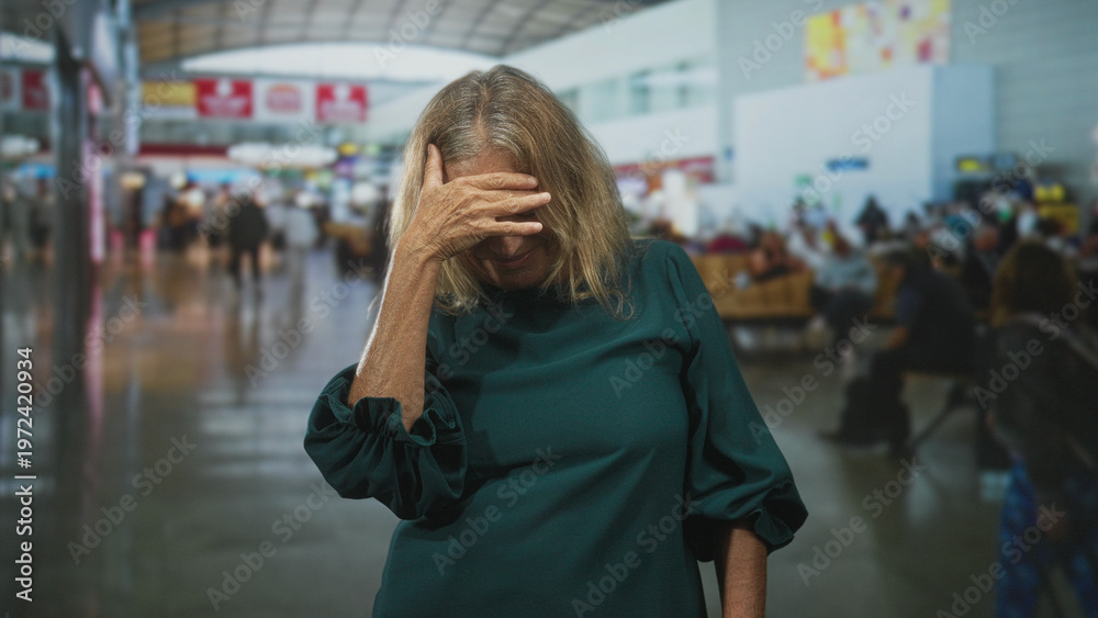 Fototapeta premium Senior woman hand to cheek gesture in busy airport terminal, smiling gently; serenity quiet reflection.