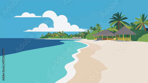 Colorful beach scene with huts, palm trees, blue water, and clear sky