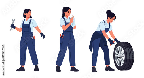 Collection set vector flat style of 3 female mechanics, automotive service characters isolated on clean background.