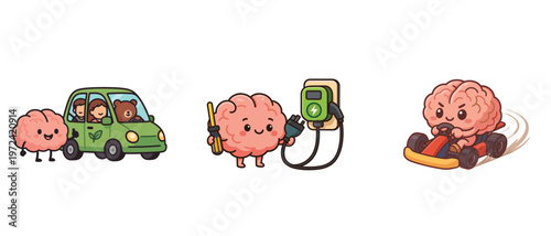 Cute brains with electric car and go kart flat vector