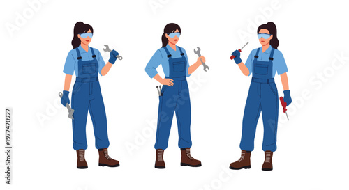 Collection set vector flat style of 3 female mechanics, automotive service characters isolated on clean background.