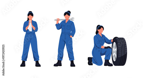 Collection set vector flat style of 3 female mechanics, automotive service characters isolated on clean background.