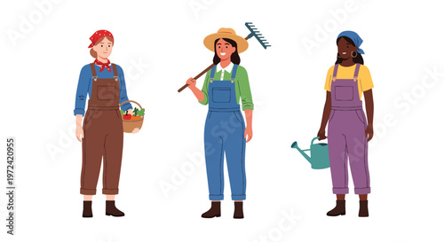 Collection set vector flat style of 3 female farmers and gardeners holding tools and harvest baskets, agriculture lifestyle characters isolated on clean background