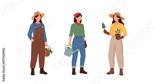 Collection set vector flat style of 3 female farmers and gardeners holding tools and harvest baskets, agriculture lifestyle characters isolated on clean background