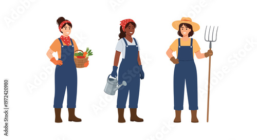 Collection set vector flat style of 3 female farmers and gardeners holding tools and harvest baskets, agriculture lifestyle characters isolated on clean background