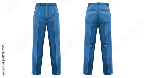 Crisp, tailored blue trousers, meticulously presented from both frontal and rear perspectives, embodying professional elegance. A versatile apparel