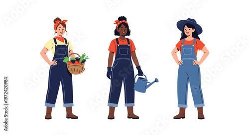 Collection set vector flat style of 3 female farmers and gardeners holding tools and harvest baskets, agriculture lifestyle characters isolated on clean background