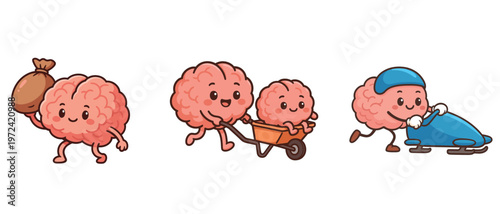 Cute cartoon brain characters playing and working vector illustration