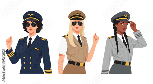Collection set vector flat style of 3 female pilots in aviation uniforms, airline professional characters isolated on clean background for travel and transportation concepts