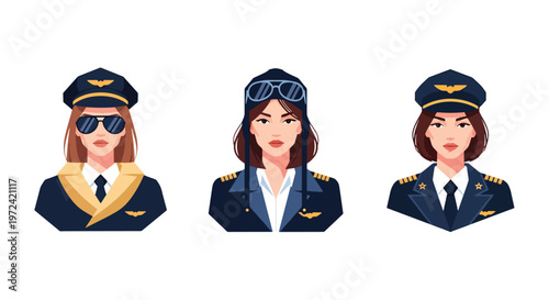 Collection set vector flat style of 3 female pilots in aviation uniforms, airline professional characters isolated on clean background for travel and transportation concepts