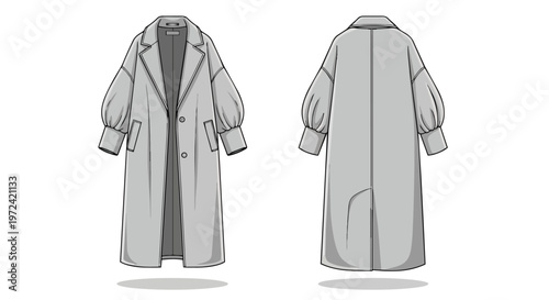 Detailed technical flat drawing showcasing a contemporary oversized trench coat design with distinctive voluminous balloon sleeves, illustrating