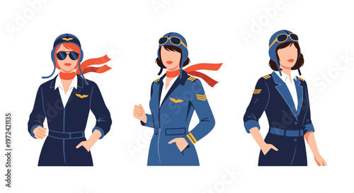 Collection set vector flat style of 3 female pilots in aviation uniforms, airline professional characters isolated on clean background for travel and transportation concepts