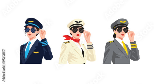 Collection set vector flat style of 3 female pilots in aviation uniforms, airline professional characters isolated on clean background for travel and transportation concepts