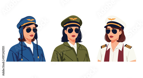 Collection set vector flat style of 3 female pilots in aviation uniforms, airline professional characters isolated on clean background for travel and transportation concepts