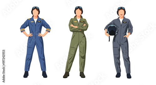 Collection set vector flat style of 3 female pilots in aviation uniforms, airline professional characters isolated on clean background for travel and transportation concepts