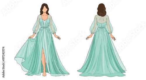 Elegant flowing mint gown design with sheer sleeves and a front slit, front and back views