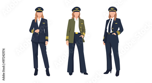 Collection set vector flat style of 3 female pilots in aviation uniforms, airline professional characters isolated on clean background for travel and transportation concepts
