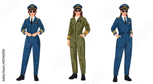 Collection set vector flat style of 3 female pilots in aviation uniforms, airline professional characters isolated on clean background for travel and transportation concepts