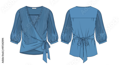 Sophisticated women's casual blue wrap blouse featuring elegant pleated balloon sleeves and a stylish adjustable waist tie detail, presented as a