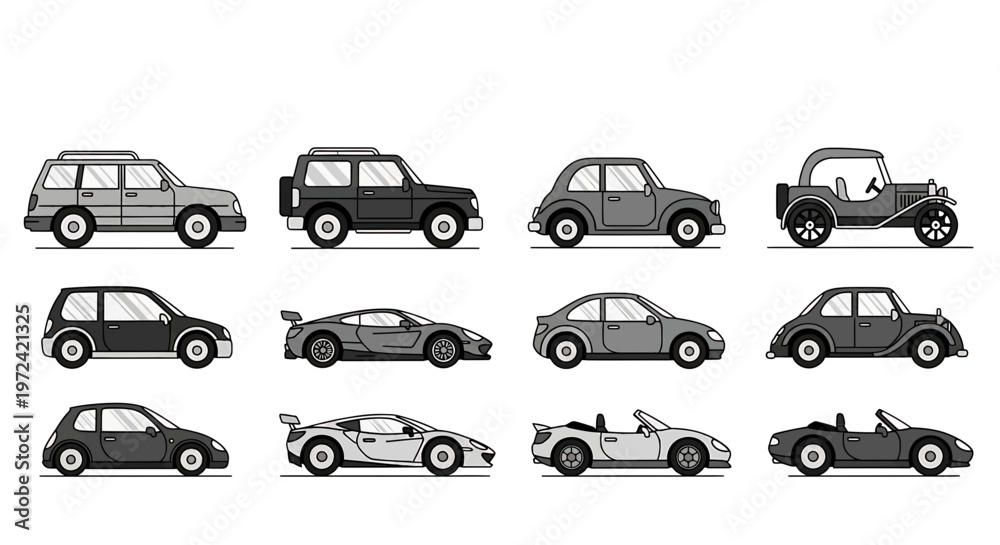 Fototapeta premium Collection of various cars and SUVs in profile view on white background car vehicle vehicles