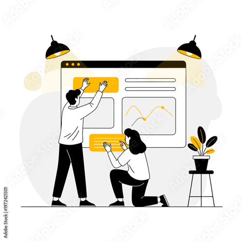 Two people working on a large computer screen isolated on transparent background