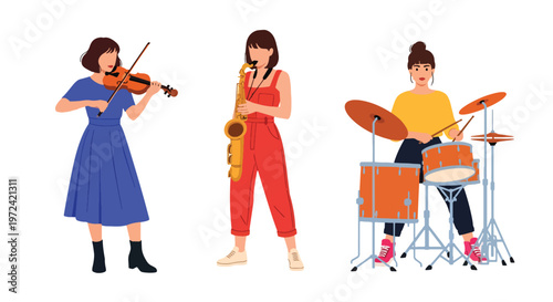 Collection set vector flat style of 3 female musicians, modern music band characters isolated on clean background for entertainment and performance concept