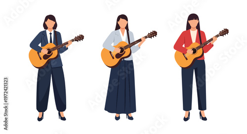 Collection set vector flat style of 3 female musicians, modern music band characters isolated on clean background for entertainment and performance concept