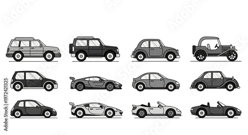 Collection of various cars and SUVs in profile view on white background car vehicle vehicles