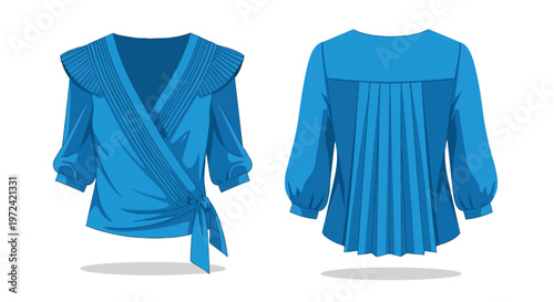 Elegant Blue Wrap Blouse with Ruffled Collar and Pleated Back Design Fashion Apparel Illustration Front and Rear View