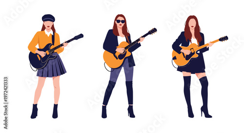 Collection set vector flat style of 3 female musicians, modern music band characters isolated on clean background for entertainment and performance concept