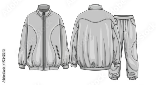 Technical flat sketch of a contemporary grey tracksuit with a zipper jacket and matching joggers
