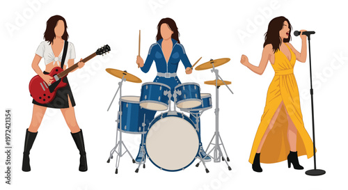 Collection set vector flat style of 3 female musicians, modern music band characters isolated on clean background for entertainment and performance concept