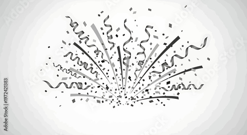 Black and gray confetti and ribbons exploding on white background for celebration party explosion festive