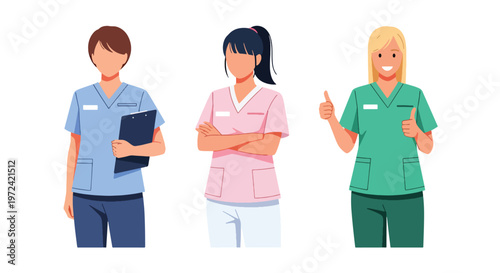 Collection set vector flat style of 3 female nurses, healthcare professional characters isolated on clean background for hospital and medical service concepts