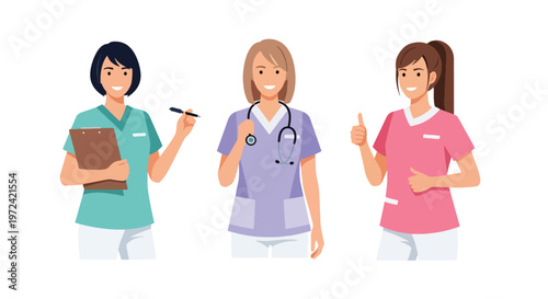 Collection set vector flat style of 3 female nurses, healthcare professional characters isolated on clean background for hospital and medical service concepts