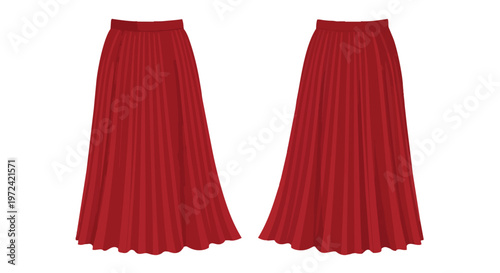 Two vibrant red long pleated skirts symmetrically displayed on a pristine white background, showcasing elegant fashion apparel for women's