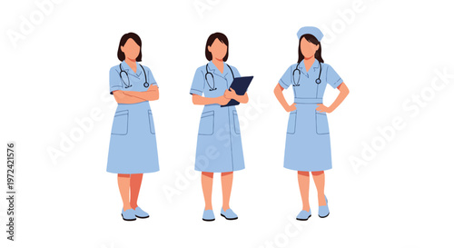 Collection set vector flat style of 3 female nurses, healthcare professional characters isolated on clean background for hospital and medical service concepts