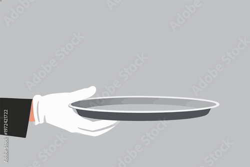 Waiter serves food on a tray with a gloved hand in a simple setting