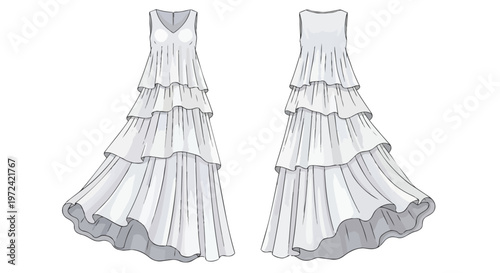 Elegant Tiered Ruffled Gown Design Front and Back Views Fashion Illustration Technical Drawing