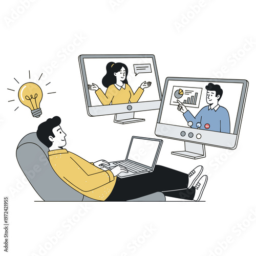 remote team collaboration with video conference on multiple screens isolated on transparent background