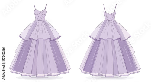 Elegant lavender tiered gown illustration front and back views for fashion design apparel