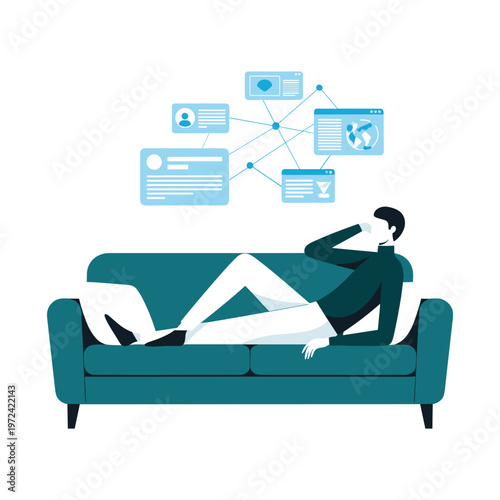 man reclining on couch with social media profiles floating above isolated on transparent background
