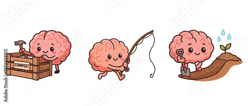 Cartoon brain characters engaged in composting fishing and gardening