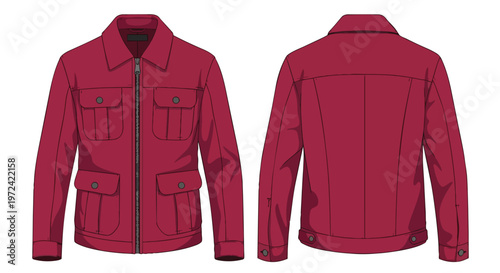 Technical drawing of a sophisticated ruby red field jacket, displaying front and rear views with ample pocket details and a sturdy zipper closure.
