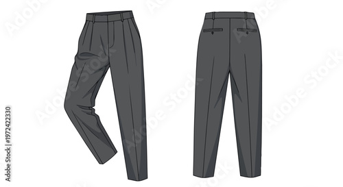 Detailed technical flat drawing presenting classic grey pleated trousers in both front and rear perspectives for apparel design