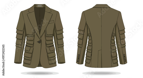 Contemporary olive green blazer with distinctive layered flap detailing on sleeves and body, showcasing modern tailored fashion apparel from front